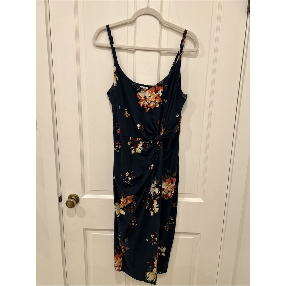 Nine Britton Vivienne Knit Fitted Midi Dress, Flower Pattern, Spaghetti,Navy, XL